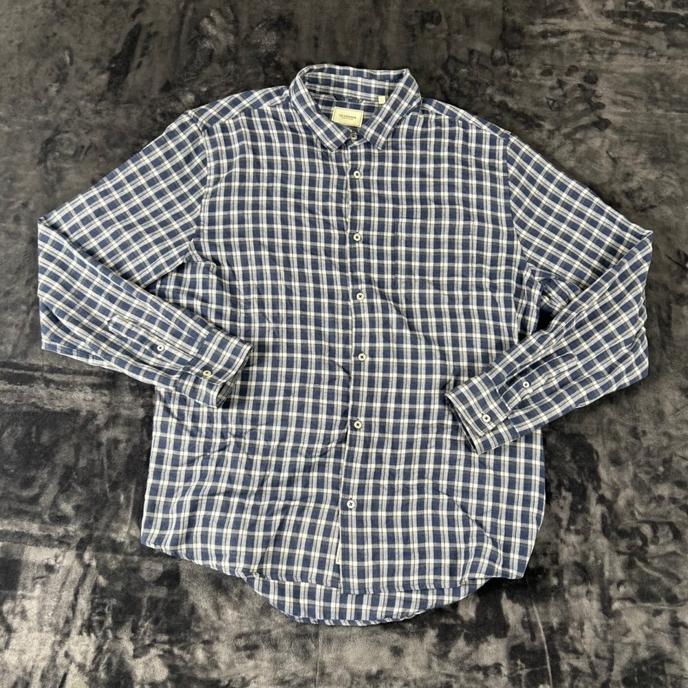 7Diamonds Button Down Shirt Mens XL Blue Plaid Long Sleeve Rayon Blend